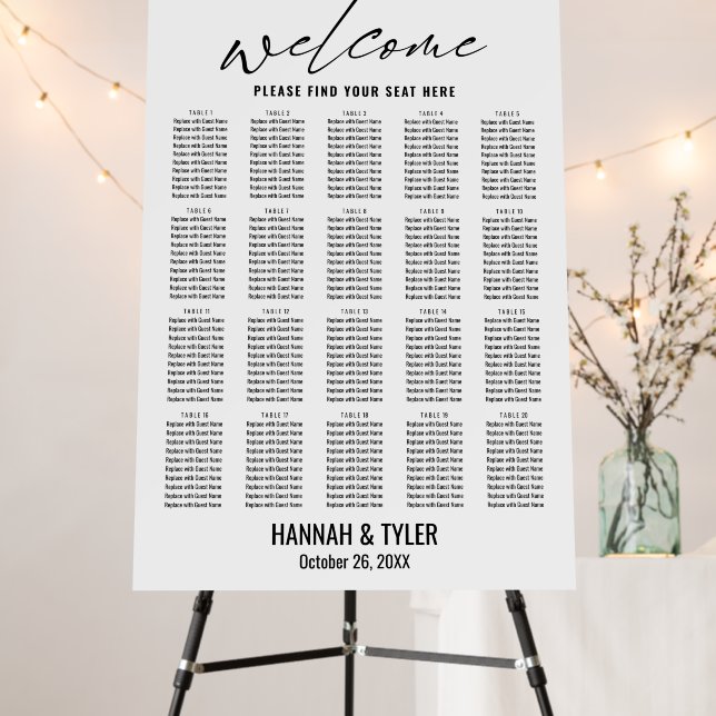 20 Tables Wedding Reception BW Seating Chart Foam Board (In Situ (Stand))