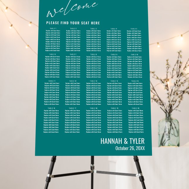 20 Tables Wedding Reception Teal Seating Chart Foam Board (In Situ (Stand))