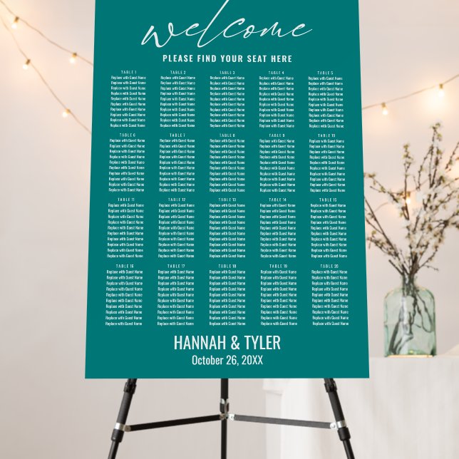 20 Tables Wedding Reception Teal Seating Chart Foam Board (In Situ (Stand))