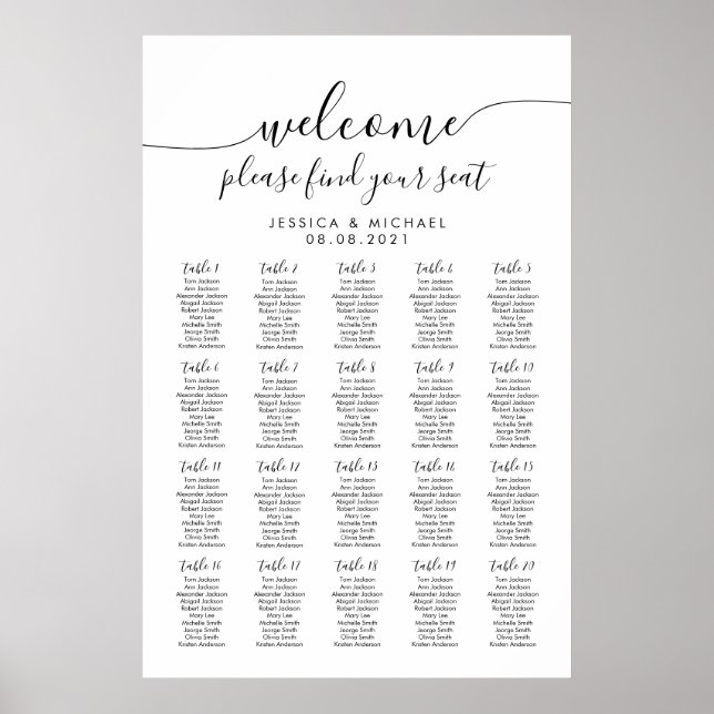 20 Tables Welcome Wedding 200 Guests Seating Chart (Front)