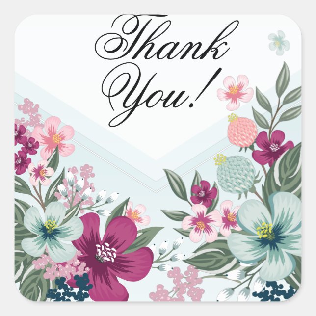 20 Thank You Stickers Tropical Flowers on Blue Omb (Front)