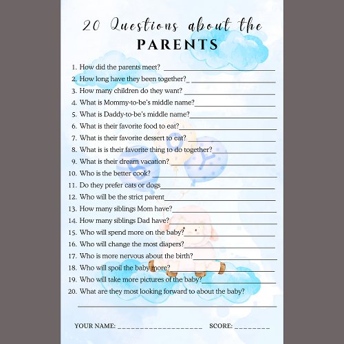 20 Things about the Parents Baby Shower game