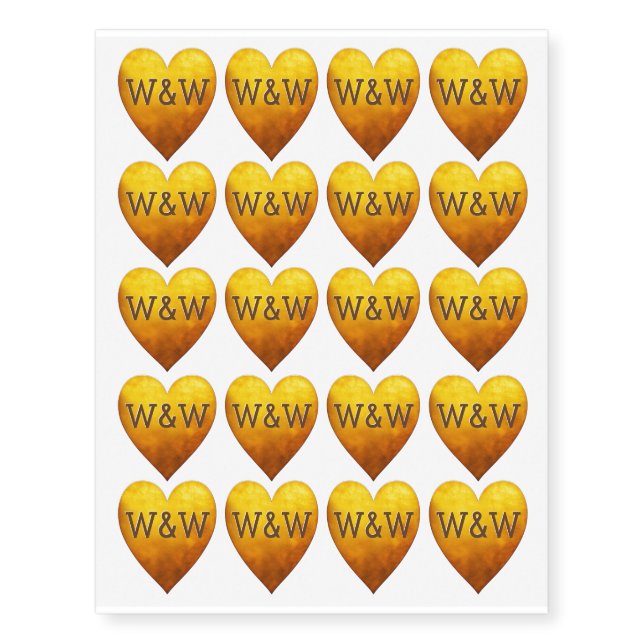 20 Valentines Monogram Gold Hearts Temporary Tattoos (Front)