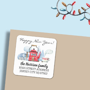 20 Watercolor Christmas Holiday House Address Square Sticker