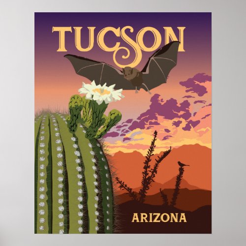 20x16 Bat and Saguaro Sunset Poster