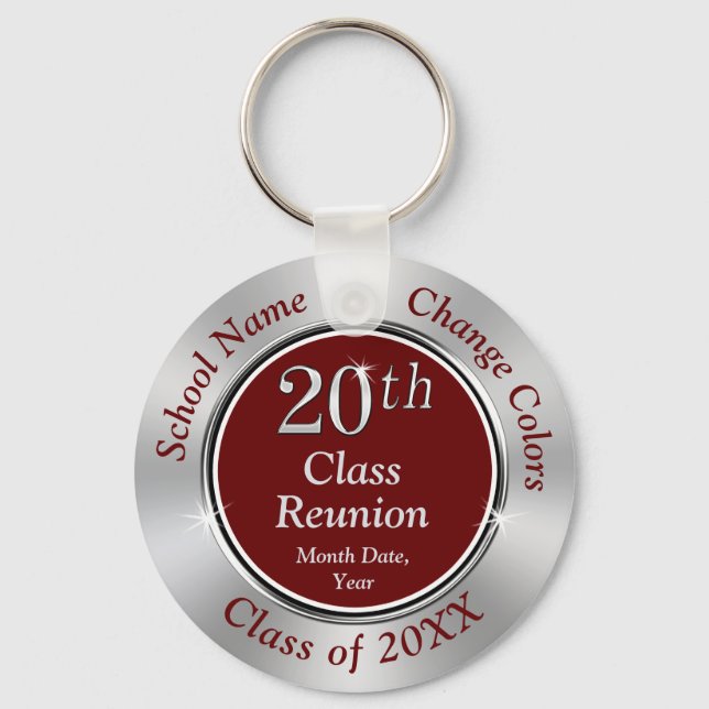 20 Year Class Reunion Gift Favors Burgundy, Silver Keychain (Front)