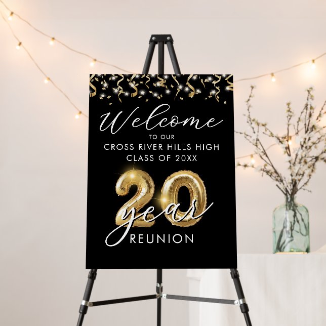 20 Year Class Reunion Welcome Black Gold Balloons Foam Board (In Situ (Stand))