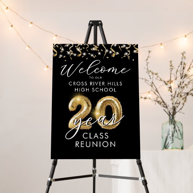 20 Year Class Reunion Welcome Black Gold Balloons Foam Board (In Situ (Stand))