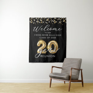 20 Year Class Reunion Welcome Black Gold Balloons Tapestry