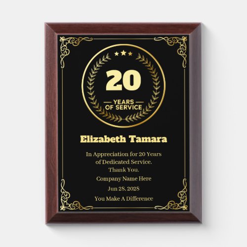 20 Year Work Anniversary  Employee Appreciation Award Plaque