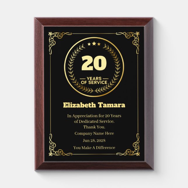 20 Year Work Anniversary | Employee Appreciation Award Plaque (Vertical)