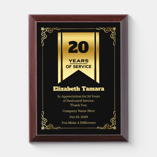 20 Year Work Anniversary | Employee Appreciation Award Plaque (Vertical)