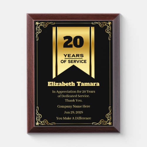 20 Year Work Anniversary  Employee Appreciation Award Plaque