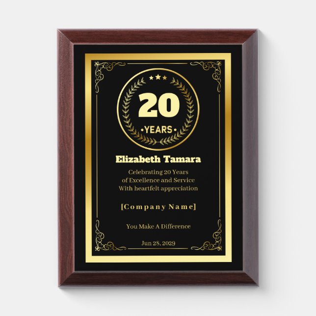 20 Years of Service – Custom Appreciation Gift Award Plaque (Vertical)