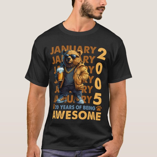 20 Years Old Awesome Cool Bear Since January 2005 T-Shirt (Front)