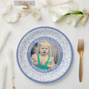 20 Your Photo Random Number Pattern Blue/White Paper Plates