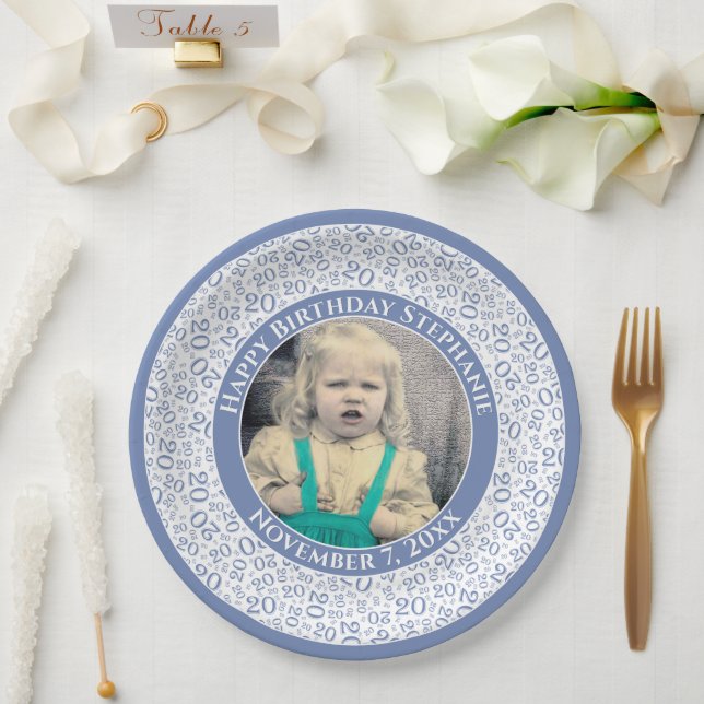 20 Your Photo Random Number Pattern Blue/White Paper Plates (Wedding)