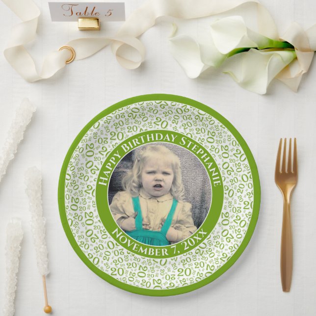 20 Your Photo Random Number Pattern Green/White Paper Plates (Wedding)