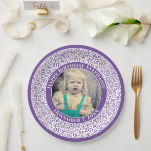 20 Your Photo Random Number Pattern Purple/White Paper Plates