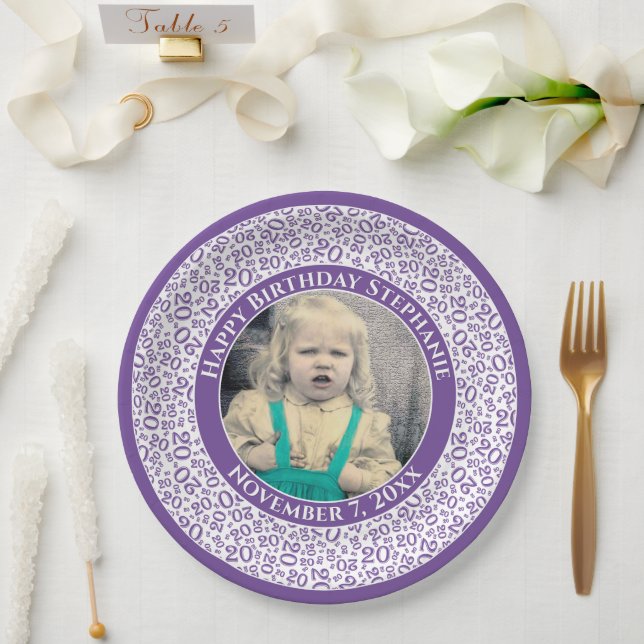 20 Your Photo Random Number Pattern Purple/White Paper Plates (Wedding)