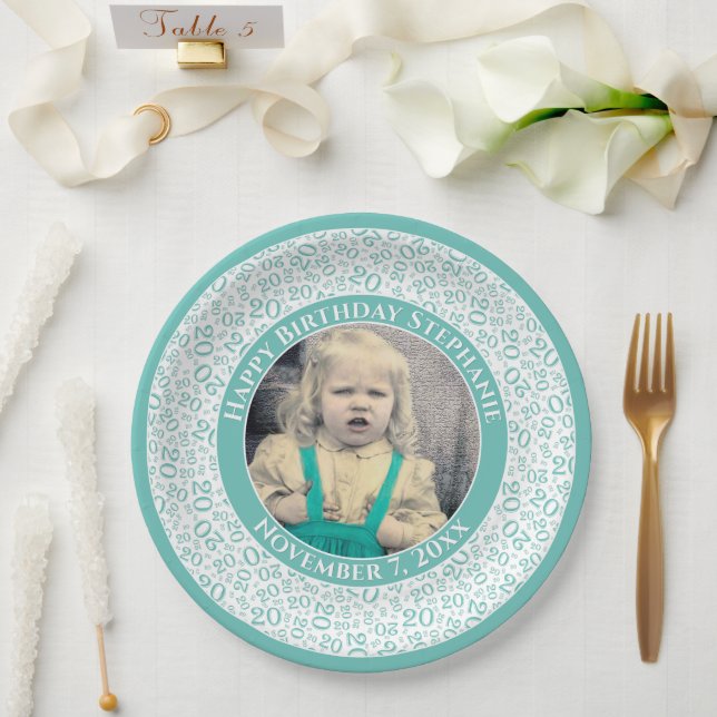 20 Your Photo Random Number Pattern Teal/White Paper Plates (Wedding)