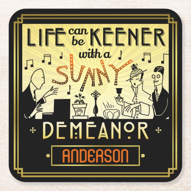 20s Retro Art Deco Sunny Demeanor Custom Name Square Paper Coaster (Front)