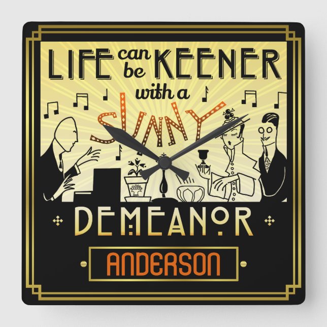 20s Retro Art Deco Sunny Demeanor Custom Name Square Wall Clock (Front)