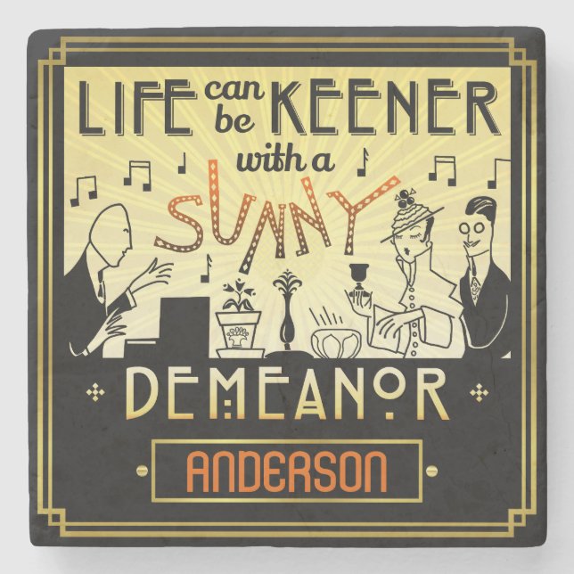 20s Retro Art Deco Sunny Demeanor Custom Name Stone Coaster (Front)