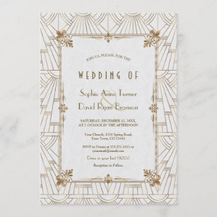 20s Royal Fleur-de-Lis Art Deco Gold White Wedding Invitation