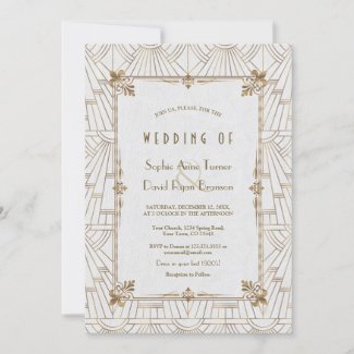 20s Royal Fleur-de-Lis Art Deco Gold White Wedding Invitation