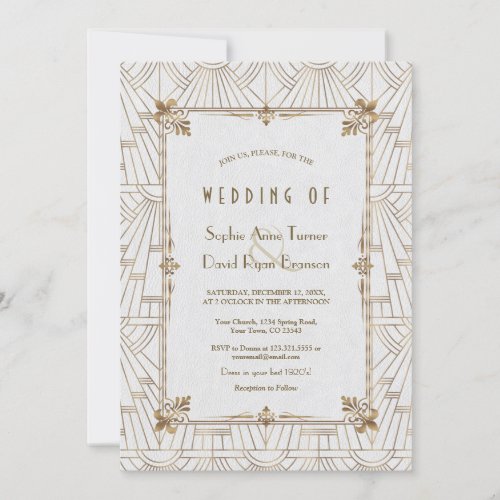 20s Royal Fleur_de_Lis Art Deco Gold White Wedding Invitation