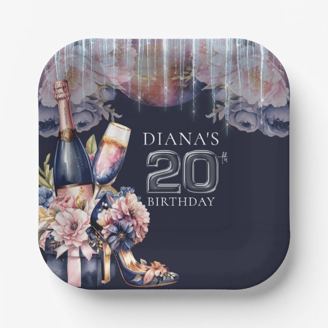 20th Adult Birthday Champagne Heels Paper Plates (Front)