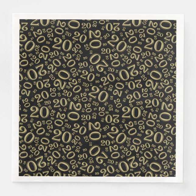 20th Age Random Number Pattern Black/Gold Paper Dinner Napkins (Front)