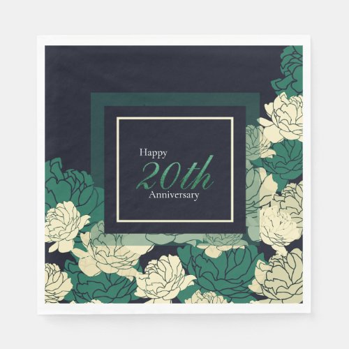 20th anniversary emerald green rose print napkins