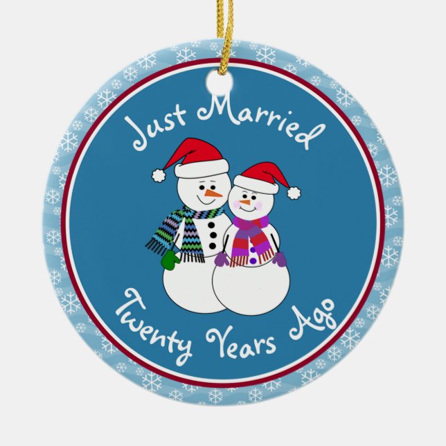 20th Anniversary Gift Fun Snow Couple Christmas Ceramic Ornament (Front)