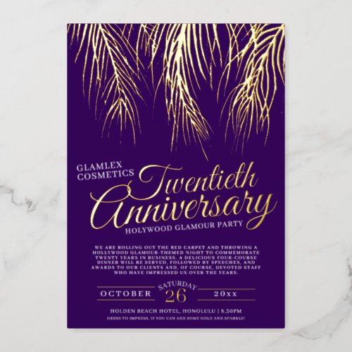 20th anniversary glamour party gold purple palms foil invitation