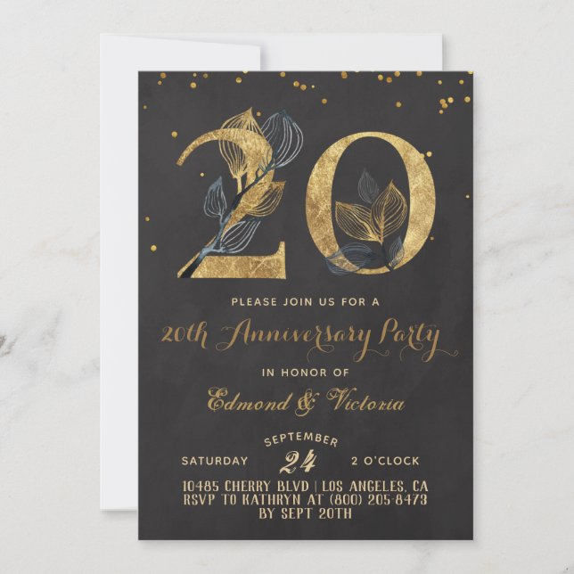 20th Anniversary Gold Floral Invitation (Front)