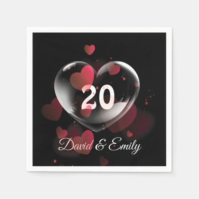 20th Anniversary Heart Bubble With Red Hearts Napkins (Front)