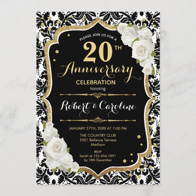 20th Anniversary Invitation - Black White Gold (Front)