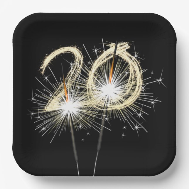 20th Anniversary Party Sparklers on Black  Paper Plates (Front)
