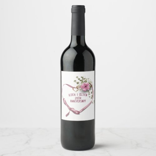 20th Anniversary Pink Heart Ribbon Wine Label