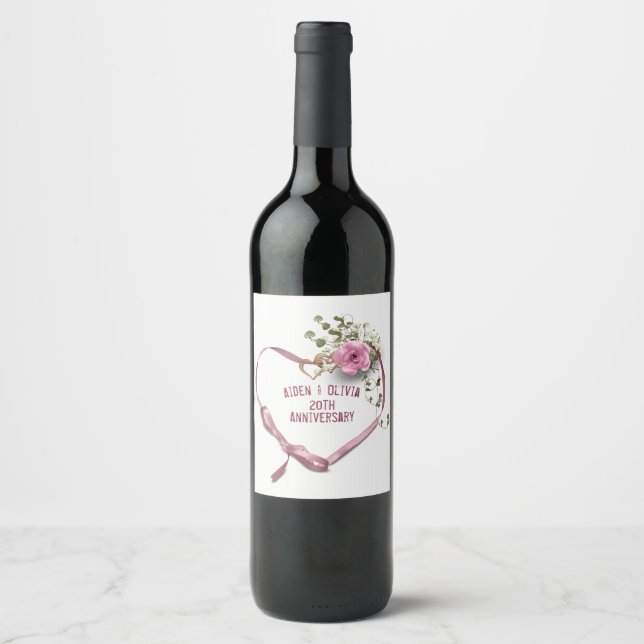 20th Anniversary Pink Heart Ribbon Wine Label (Front)