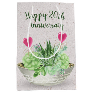 20th Anniversary Pink Hearts in Succulents Medium Gift Bag