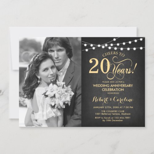 20th Anniversary with Photo _ Chalkboard and Gold Invitation