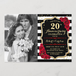 20th Anniversary with Photo - Gold Black Red Invitation
