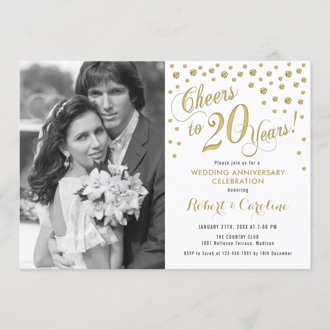 20th Anniversary with Photo - Gold White Invitation | Zazzle