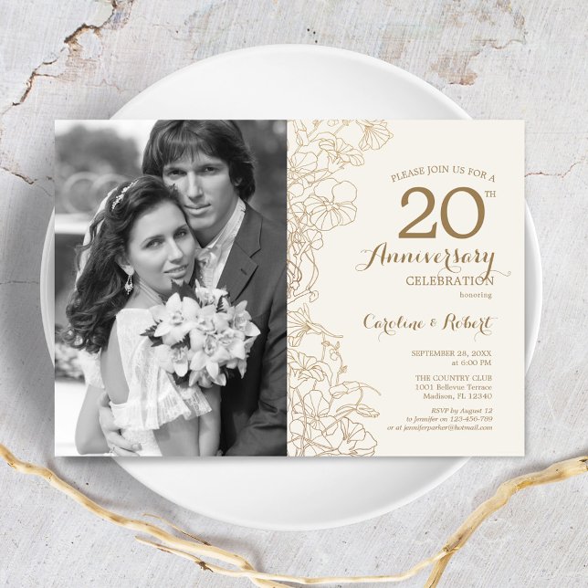 20th Anniversary With Photo - Ivory Gold Floral Invitation (Creator Uploaded)