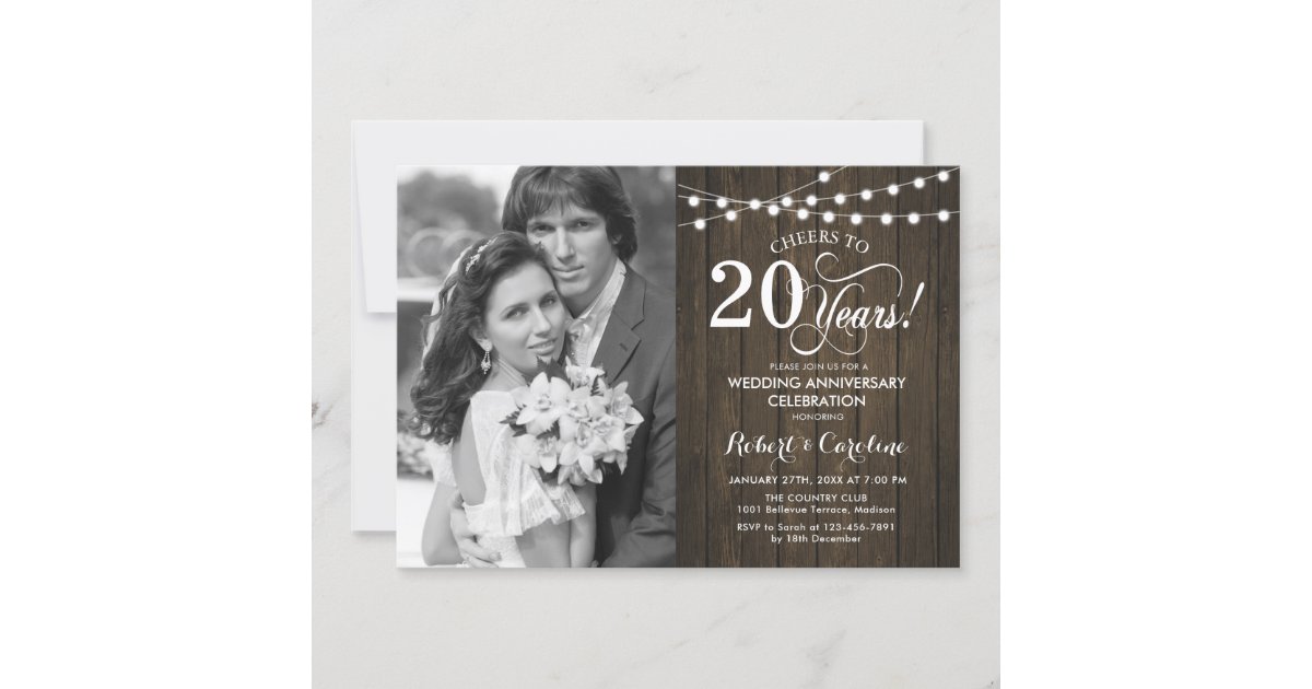 20th Anniversary with Photo - Rustic Wood Invitation | Zazzle