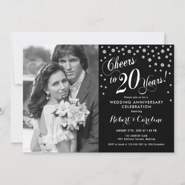 20th Anniversary with Photo - Silver White Black Invitation (Front)