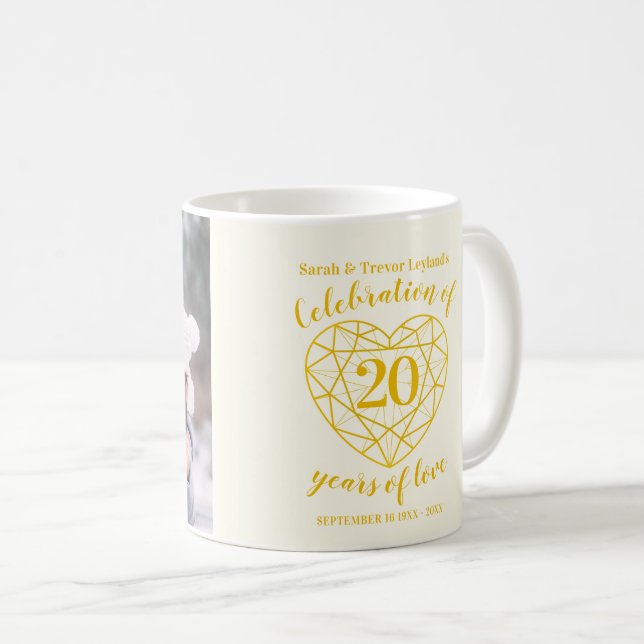 20th anniversary yellow diamond heart custom photo coffee mug (Front Right)